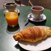 Croissant, hot chocolate and orange juice at The Vegan Corner in Barcelona