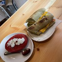 Red velvet cake and sandwich (with vegan cheese)  at The Vegan Corner in Barcelona