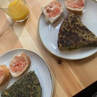 Tortilla de patatas with 2 different fillings: asparagus & spinach! #Veganuary at The Vegan Corner in Barcelona