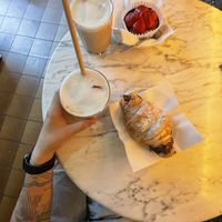 Chocolate croissant, strawberry cake and iced latte  at The Vegan Corner in Barcelona