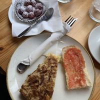 Leek quiche with pan con tomate and a raspberry chocolate tart  at The Vegan Corner in Barcelona