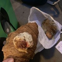 left- cheesecake filled croissant, right- crema catalana filled croissant (bad photo but just trust they were glorious)   at The Vegan Corner in Barcelona