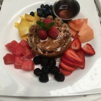 Vegan waffles with pear sauce and fruit   at Juice By J in Grand Rapids