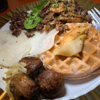 Buffet: Black, Red, White Rice & Quinoa Salad, Radish Tacos, Green Goddess "Meatballs", Waffles w/ Pear & Caramel Sauce at Juice By J in Grand Rapids