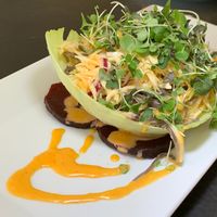 Beet Gazpacho: Sweet Potato & Cabbage Noodle, Micro Greens, Turmeric Golden Beet Sauce at Juice By J in Grand Rapids