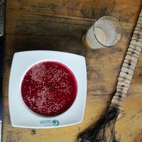 Beetroot soupe (included in the lunch menu) at Lulo's Restaurante in Jardin