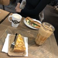 Vegan apple cake and iced salted caramel latte with oatmilk at Espresso House - Alstertor in Hamburg