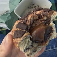 Half of a vegan chocolate muffin with caramel  at Espresso House - Alstertor in Hamburg