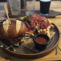 Celeriac Bhaji Burger with fries upgraded to loaded fries  at Lost Brewing Co in Newquay