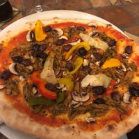 Vegan pizza with veggies and mock meat at Santa Lucia in Schaffhausen