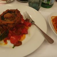 Fried Portobello with Peppers and Spaghetti arrabiata at Santa Lucia - Paradeplatz in Zurich