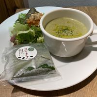 Coconut miso soup with salad and rice/beans wrapped up at Vegan Store - Cafe in Tokyo