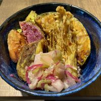 Rice bowl with tempura vegetables  at Vegan Store - Cafe in Tokyo