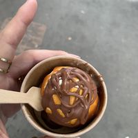 Ice cream with chocolate and caramel sauce   at Luisa's Vegan Chocolates in Nottingham