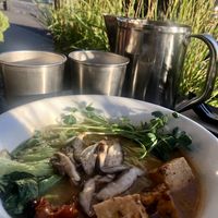 Smoked shiitake-cashew ramen with spicy tofu and slow roasted tomatoes  at Miyagi Ramen in Bend