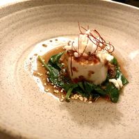 Tempura tofu, aged hon mirin dressing, chilli sambal, sweetcorn, Chinese broccoli 

 at Ezard in Melbourne