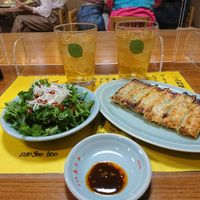 Gyoza and salad at Izakaya Masaka in Tokyo