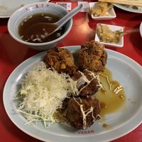 I got the Karage lunch set which came with your choice of Karage, rice, and miso soup! (Not pictured dumplings and brown rice)  at Izakaya Masaka in Tokyo