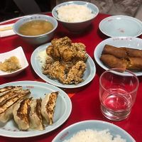 Gyoza, fried maitake and spring rolls   at Izakaya Masaka in Tokyo