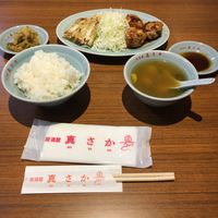 Lunch set : Gyoza, Kara-age serve with rice, curry soup and pickles   at Izakaya Masaka in Tokyo