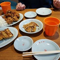 Gyoza, Karaage (soy meat Balls), bamboo shot, rice at Izakaya Masaka in Tokyo