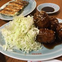 Gyoza and Karaage with black vinegar sauce at Izakaya Masaka in Tokyo