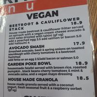 Vegan breakfast menu. Ask for 2 pieces of bread with the avo smash at The Junction Cafe in Tannum Sands