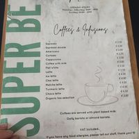 Hot drinks menu at Super Be Juicery in Marbella