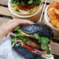 Kiiro Black Burger with vegan egg, mango and cilantro at Kiiro Burger in Berlin