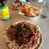 Crispy fried oyster mushrooms and veg on an open kebab with ketchup and chilli sauce 😋 at Hafla Hafla in Liverpool
