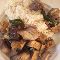 Spicy eggplant without egg with white rice at Thai BBQ in Murrieta