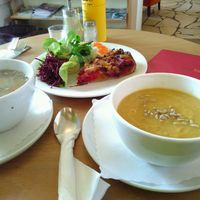Delicous parsnip cream soup, pea soup and vegan quiche with salad at Bio-Cafe Kieselstein in Potsdam