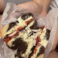 Veggie sandwich on marble rye (tofu herb schmear)  at Pigeon Bagels in Pittsburgh