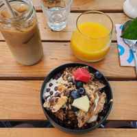 Brunch müesli with ice coffe and juice at Bakery Bakery - Breitenrain in Bern