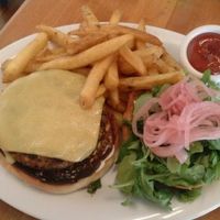 quinoa and veg burger with fries at Veggie Grill in West Hollywood