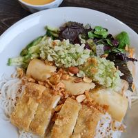Vegan Bowl with fried Tofu, Spring Roll and Peanut-Coco-Sauce at Pho 57 in Rostock