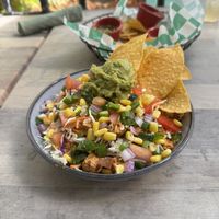 Cantina bowl (no cheese or slaw) w/ tofu. Chips and guacamole on side  at Greengos Caribbean Cantina in St Thomas