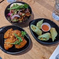 Mock duck bao, sweetcorn fritters, vegetable spring rolls at Ottimmo Bao Bao in Uxbridge