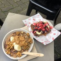 Salted caramel popcorn porridge and dark forest toast  at Fix & Fogg in Wellington