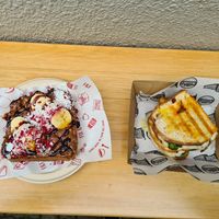 Dark Choc Penautbutter with coconut, banana, chocsauce. Partner had something with pickles and cheese and smoked hot peanutsauce at Fix & Fogg in Wellington