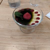 Soy milk panacotta with matcha syrup and raspberry coulis at Ippudo - Louvre in Paris