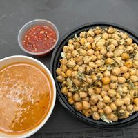 Lentil soup, spicy garbonzo beans with rice and house hot sauce.  at Vegiterranean Kitchen in Moorpark