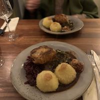 “Duck” with red cabbage, kale and potato dumplings, amazing  at Försters in Berlin