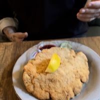 Chicken Schnitzel with potato salad and cucumber salad underneath   at Försters in Berlin