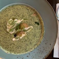 Cold cucumber soup: at least 50% dill and served with well-marinated king oyster mushrooms at Försters in Berlin