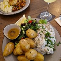 vegan smoked marinated herring with potatoes, vegetables and dill sauce at Försters in Berlin