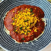 vegan 'meaty spaghetti' .. served with filipino tomato sauce by default (Sugary yuck) but you can request normal. at S Kitchen in Pasay City