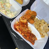 Coleslaw, cornbread, candy yams, Mac n cheese, with BBQ Tofu as the entree   at Soul Vegetarian - South in Atlanta