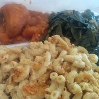 Veggie platter for later; be prepared. And you know it's good when it's delicious whether hot or cold.
Sweet potatoes, collard greens, mac & cheese; vegan comfort... at Soul Vegetarian - South in Atlanta