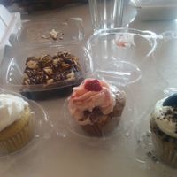 So deliciously moist and tasty sweets for a Leo birthday party later that day. 
Chocolate marshmallow brownie, vanilla, strawberry and chocolate cookie cupcakes. Adult vegans plan for parties where there is not likely to be vegan food, and take extra 'cause the non-vegans always want to eat whatever we bring... at Soul Vegetarian - South in Atlanta